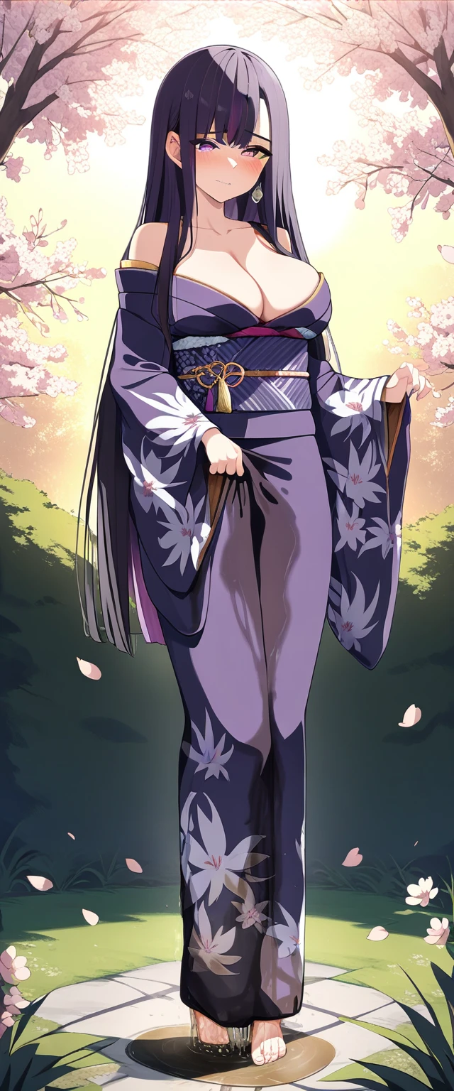 (masterpiece:1.37), best quality, (extremely detailed:1.37), (1girl:1.5), woman, (mature:1.5), (adult:1.5), large breasts, very long hair, (straight hair:1.5), (very dark purple hair:1.5), purple eyes, (extremely detailed eyes:1.37), (furisode:2.0), desperation, (wetting self:1.5), standing, embarrassed, humiliation, blushing, angry, cherry blossoms, garden, (golden hour:1.5), full body