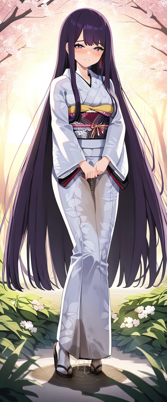 (masterpiece:1.37), best quality, (extremely detailed:1.37), (1girl:1.5), woman, (mature:1.5), (adult:1.5), large breasts, very long hair, (straight hair:1.5), (very dark purple hair:1.5), purple eyes, (extremely detailed eyes:1.37), (furisode:2.0), desperation, (wetting self:1.5), standing, embarrassed, humiliation, blushing, angry, cherry blossoms, garden, (golden hour:1.5), full body