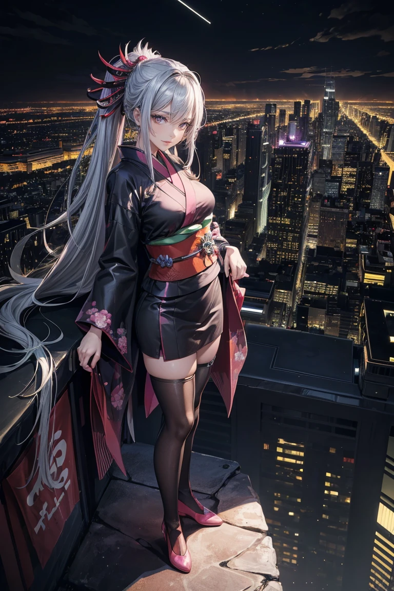 anime, (artwork, Better Quality, Ultra-detailed, High Contrast), 1 female (alone, whole body, Corpo Plus Size, standing on the edge of a skyscraper, Silver Hair, Long, flowing hair, Bright ruby red eyes, (Kimono Black, Neon pink black cybernetic), Black transparent socks), (Skyscraper roof, Overlooking the city, Detailed Background ((at night, darkness, Less light pollution)))