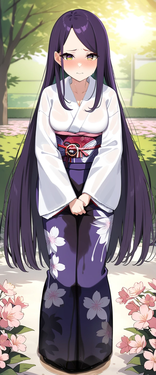 (masterpiece:1.37), best quality, (extremely detailed:1.37), (1girl:1.5), woman, (mature:1.5), (adult:1.5), large breasts, very long hair, (straight hair:1.5), (very dark purple hair:1.5), purple eyes, (extremely detailed eyes:1.37), (furisode:2.0), desperation, (wetting self:1.5), standing, embarrassed, humiliation, blushing, angry, cherry blossoms, garden, (golden hour:1.5), full body