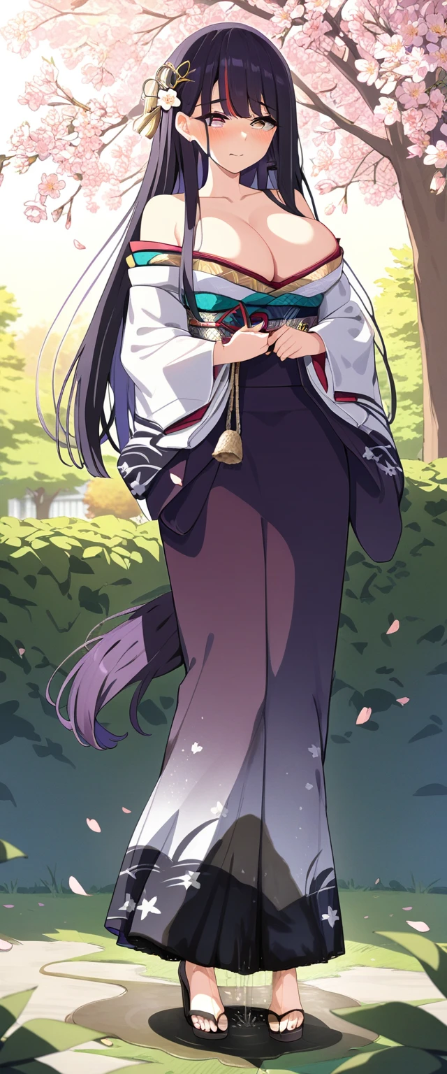 (masterpiece:1.37), best quality, (extremely detailed:1.37), (1girl:1.5), woman, (mature:1.5), (adult:1.5), large breasts, very long hair, (straight hair:1.5), (very dark purple hair:1.5), purple eyes, (extremely detailed eyes:1.37), (furisode:2.0), desperation, (wetting self:1.5), standing, embarrassed, humiliation, blushing, angry, cherry blossoms, garden, (golden hour:1.5), full body