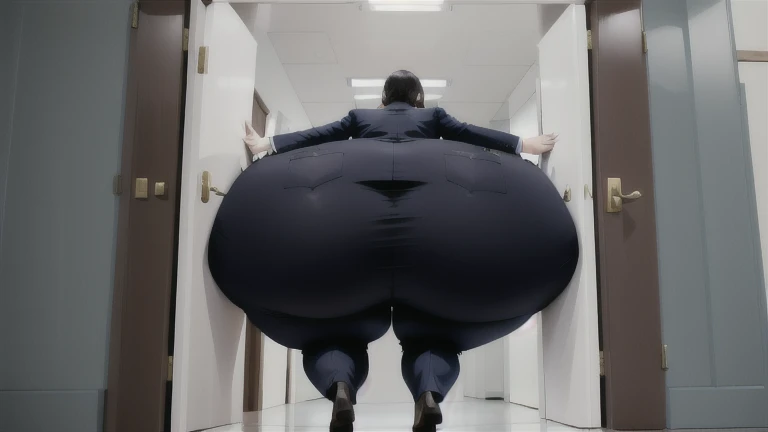 masterpiece, 1girl behind a doorway, from behind, (doorstuck, stuckbehind:1.3), huge hips, round belly, thick thighs, giant ,colorful clothing, wearing suit and tie and formal pants, upset, desperately trying to wiggle through, she tries to free herself but she won't budge, she is stuck tight view from behind, she is too wide, the doorway is quite narrow too, she is being pushed from behind by a few female coworkers