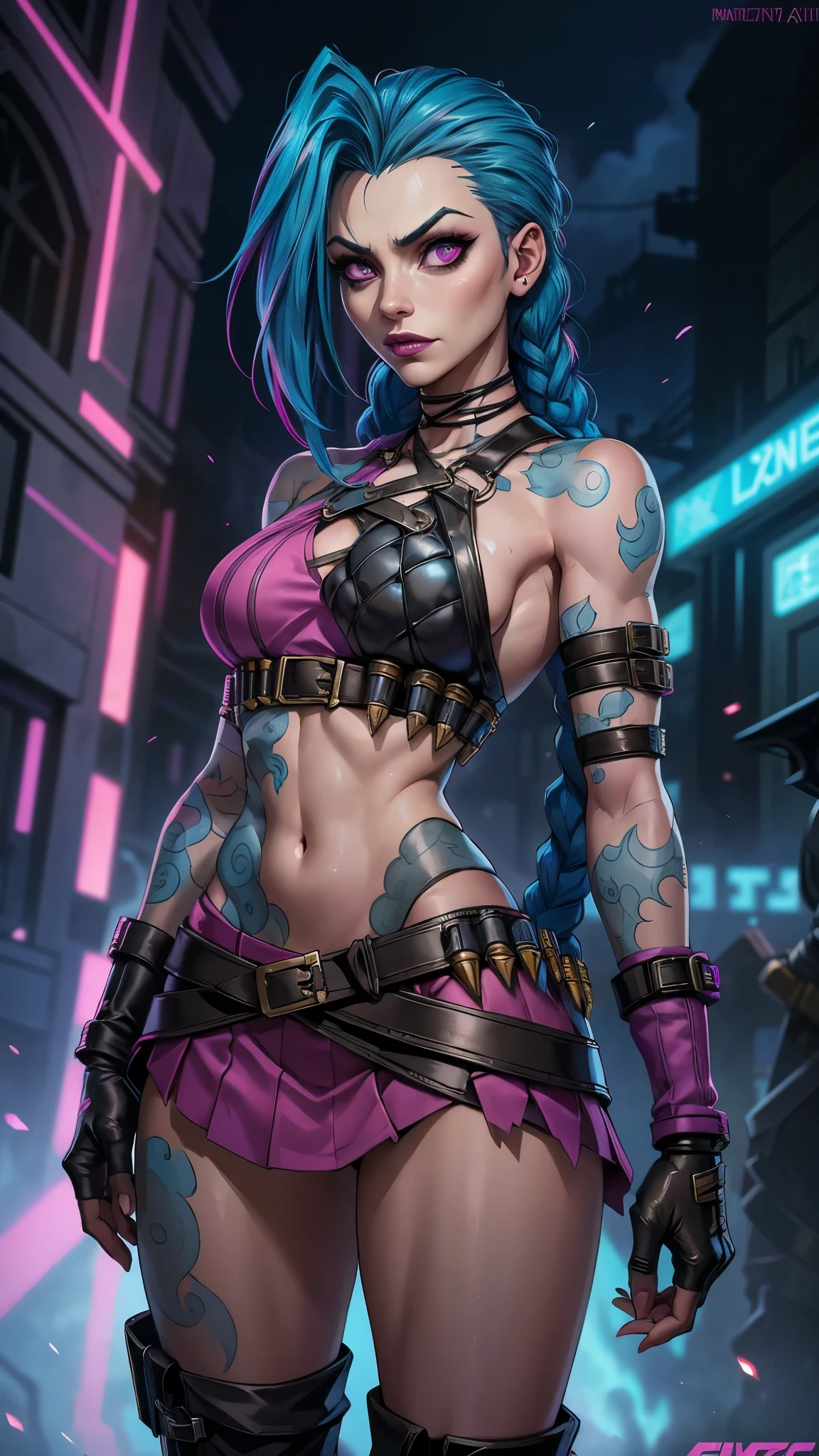 jinx arcane, uma mulher com hair blue e tatuagens, cyberpunk woman anime woman,(mini skirt pink :1.4) ,hyper detailed,extremely detailed,High contrast,Masterpiece,realist,ultra detailed, intricate details,realistic wet leather,extremely intricate,Epic realist, pants, Beautiful angry cyberpunk goddess, cyberpunk artstyle, cyberpunk anime digital art, cyberpunk anime art, Arcane Jinx Retrato, cyberpunk anime art, cyberpunk themed art, cyberpunk dark fantasy, arcane style, 1 girl, cloud tattoo on the arm, asymmetrical bangs, bangss, hair blue, blue braids, brown shirt, cloud tattoo, sideways, hair blue, long hair, pink eyes, Red lips, standing , cloud tattoo, Twin braids. Arcane Jinx. Jinx in a burning place, spark, spheres of light, Film Poster, Jinx, Arcane\(league of legends\, Epic Fantasy Art Style HD, 4K fantasy art, epic fantasy digital art style, epic fantasy art style, Fantasy Woman, epic fantasy art portrait, Epic fantasy style, hyperrealistic fantasy art, hd fantasy art, Epic fantasy character art, epic fantasy art, in style of dark fantasy art, epic fantasy digital art, ,(Fondo de ruinas de mazmorra en ruinas:1.4 ),( face detailed :1.4), (anatomía perfecta :1.4),( iluminación cinematográfica :1.4), (Jinx League of legends:1.4), More detailed 8K.motor irreal:1.4,UHD,La mejor calidad:1.4, fotorrealista:1.4, textura de la piel:1.4, obra maestra:1.8,obra-prima, mejor calidad,objeto Objeto], (detailed face features:1.3),(Las proporciones correctas),(Ojos hermosos azules),  (pose vaquero)