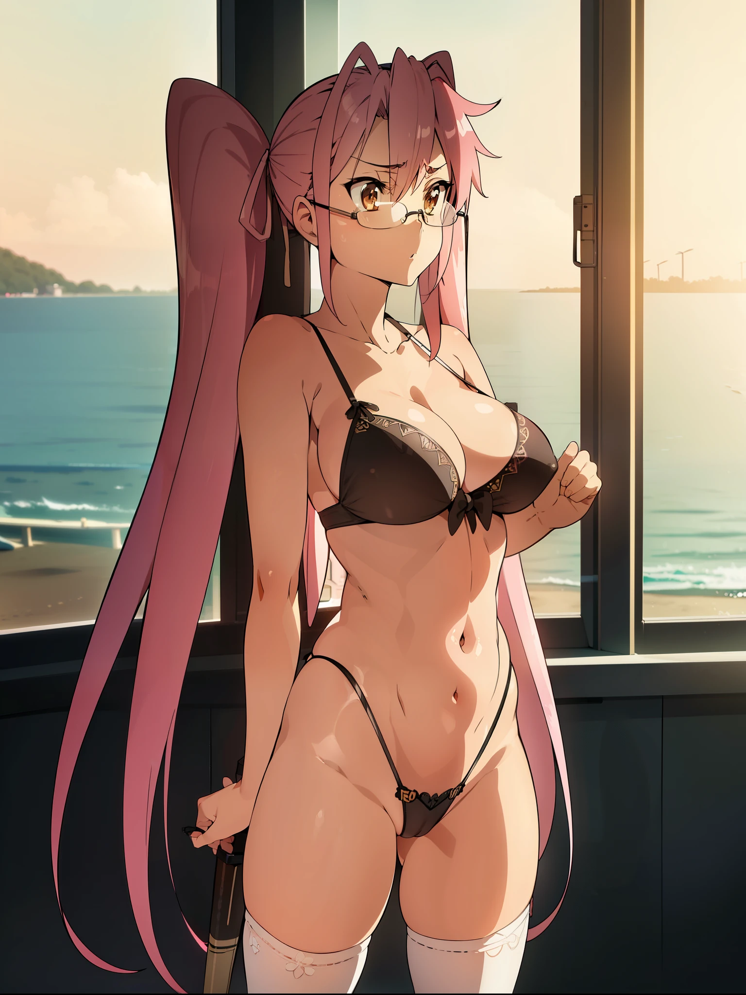 (Nsfw),Hayatakagi, Hajime Takagi, Long hair, bow ribbon, (Twin-tailed:1.3), (Brown eyes:1.5), Hair Ribbon, Pink hair, (eye glasses:1.3),,(looking at the viewers:1.3),BREAK (masutepiece:1.2), Best Quality, High resolution, Unity 8k Wallpaper, (Illustration:0.8), (Beautiful detailed eyes:1.6), extra detailed face, Perfect Lighting, extremely details CG, (Perfect hands, Perfect Anatomy),(the beach:1.3),Naughty big、thighs thighs thighs thighs、solo, very big breast, detailed nipples, deep cameltoe, barely spread legs, caderas anchas, ultra small high leg string thong, translucent stockings, perfect round detailed and realistic nipples, detailed vagina, daylight illuminated, black transparent super ultra small lace lingerie, with an realistic detailed ar15 rifle in one hand in erotic pose