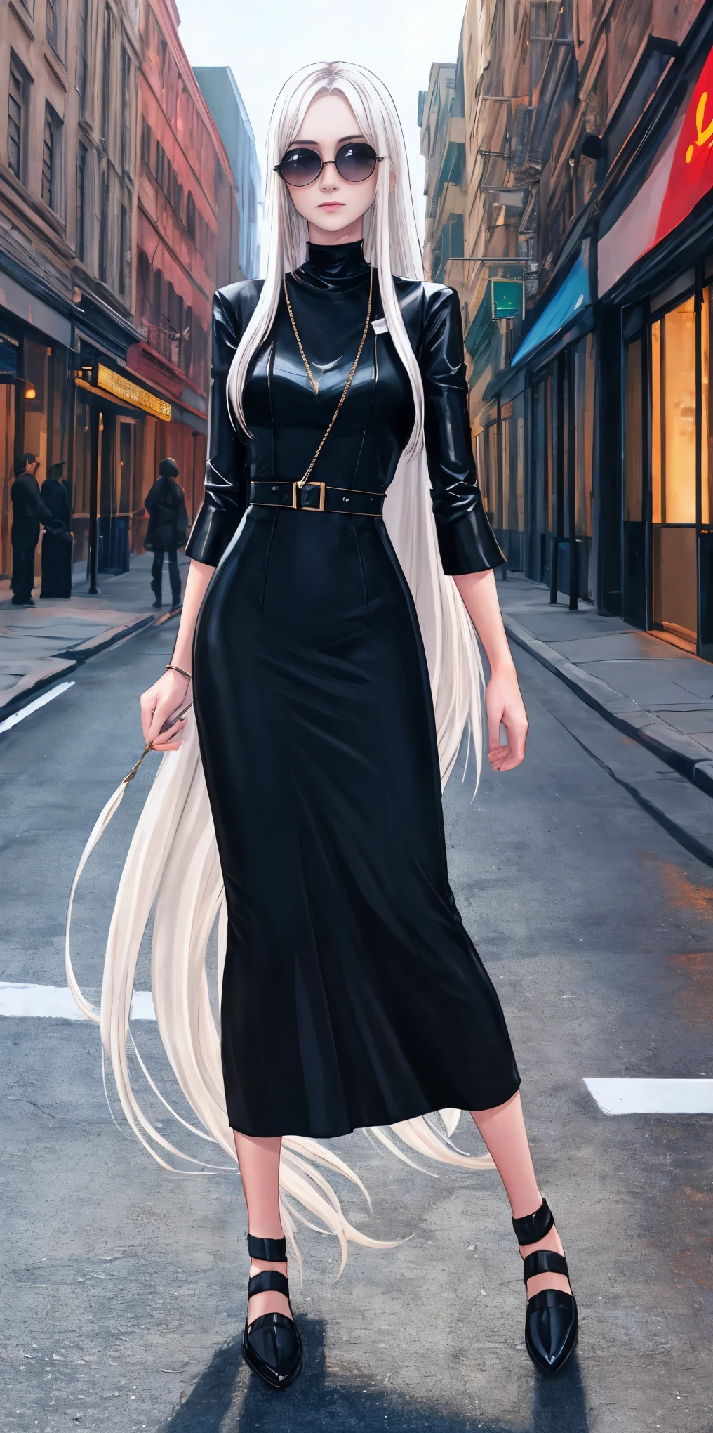 Ultra Quality, Shiny Skin, Atmospheric, 8K, Cinematic ((Street background)) BREAK ((Long White Hair)) narrowed black eyes, long black dress, fingers crossed, sunglasses