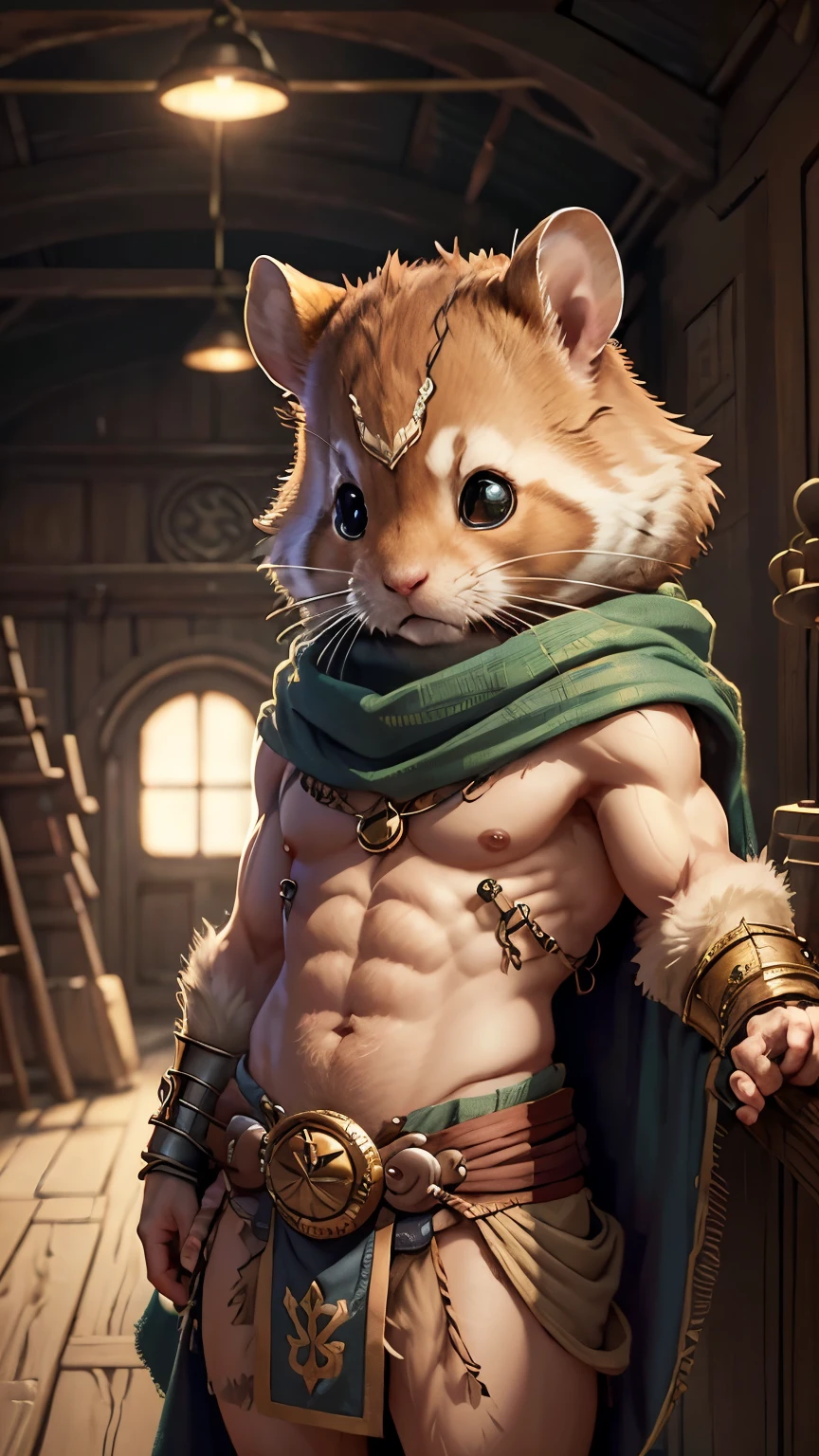 Cute hamster、(Loincloth:1.1)、([Tailed|Detail Wire]:1.3)、(Intricate details)、Hmph、(Hyper Detail:1.2)、Cinema Lenses、Halo Shadow、central、Ghibli style background