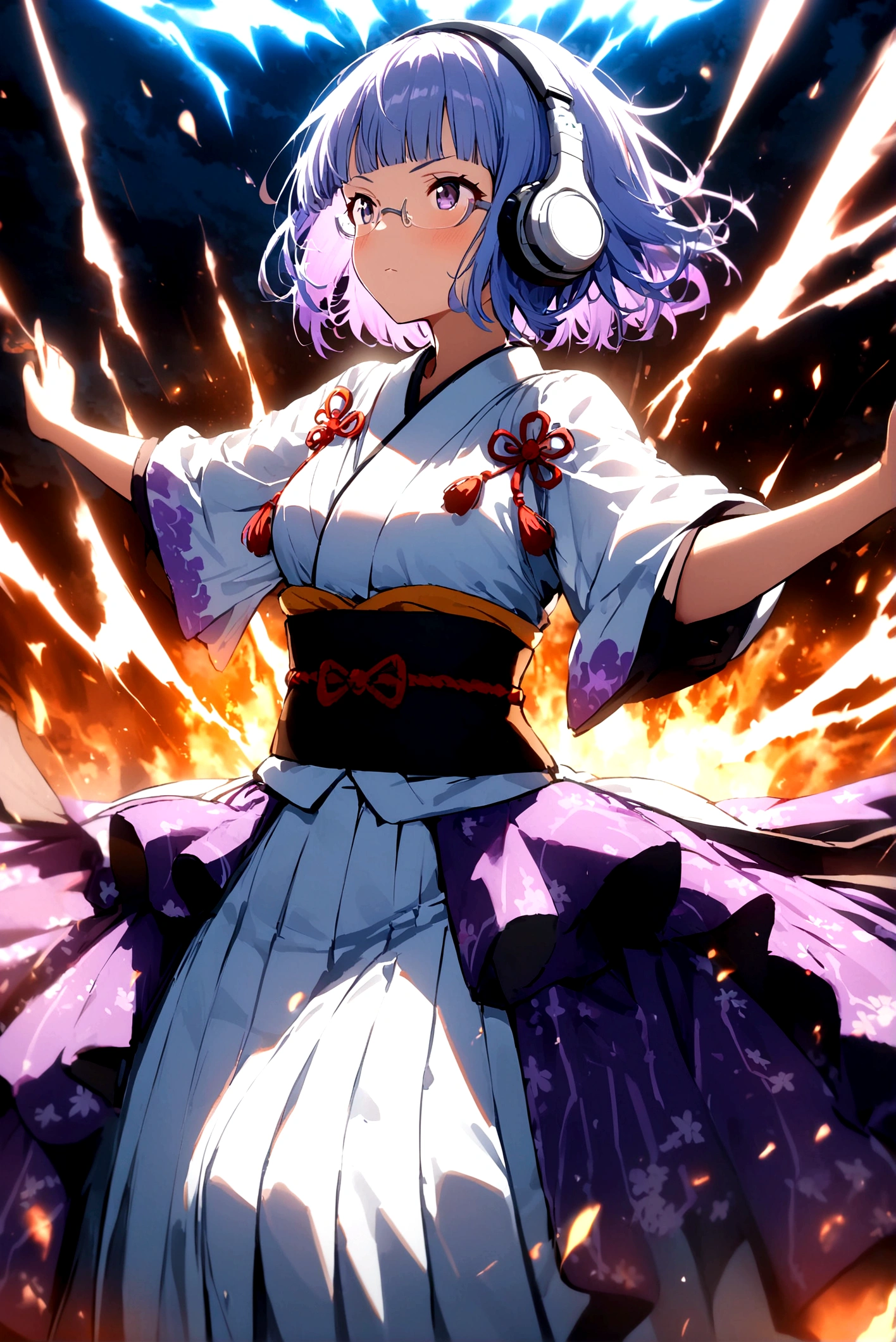 (extremely detailed fine touch:1.3), 1 girl, (((white semi-rimless eyewear:1.3))), (white headphone:1.2), short hair, blunt bangs, 1 girl, very bewitching kimono, dancing Awa Odori, thunder, electrified aura, charged atmosphere
