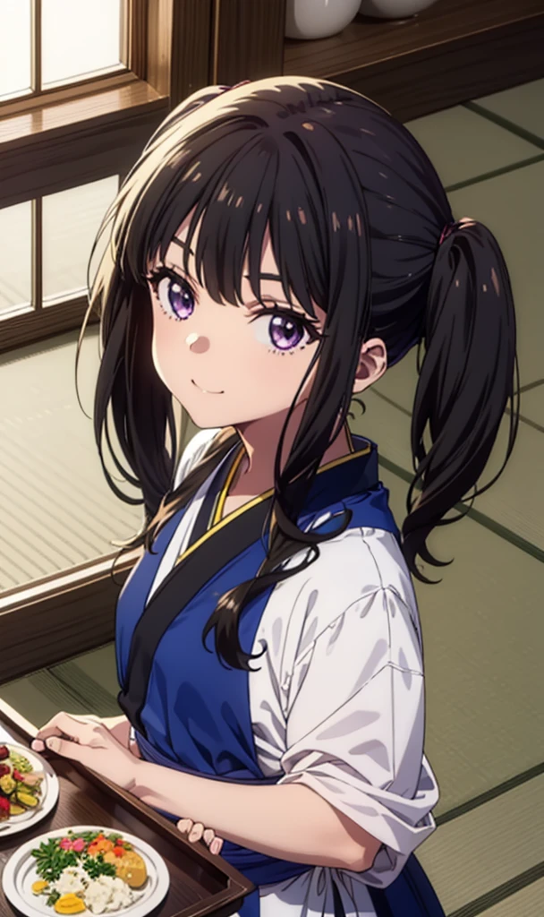 Takiuchikami, Long Hair, bangs, Twin tails, Black Hair, (Purple eyes:1.1),smile,
break japanese clothes, Blue Kimono, apron, waist apron, waitress,White tabi,whole body,food, drink, Table Cleaning, tray, tray in one hand
break indoors, hostel,
break looking at viewer, whole body,
break (masterpiece:1.2), Highest quality, High resolution, unity 8k wallpaper, (figure:0.8), (Beautiful attention to detail:1.6), Highly detailed face, Perfect lighting, Highly detailed CG, (Perfect hands, Perfect Anatomy),
