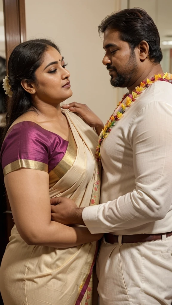 a  50-year-old shirtless man  affectionately hugging and kissing aradiant, full-figured South Indian plus-sized 30 year old teacher wearing a violet silky saree in  dressing room, captured in a full-body image with vibrant hues and meticulous details. Full body image