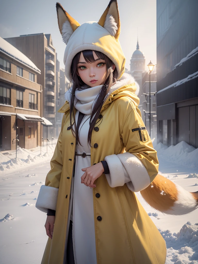 ((realisitic)), ((detailded)), illustration, perspective of the scene (urban environment), Character appearance (yellow skin, Fox Head, (female) and humanoid body, greeneyes, and wearing an elegant coat, in the middle of a snowy morning with an imposing air), Background Elements (Snow field in winter).