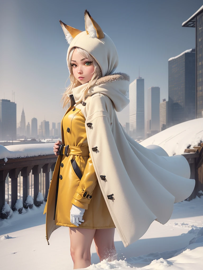 ((realisitic)), ((detailded)), illustration, perspective of the scene (urban environment), Character appearance (yellow skin, Fox Head, (female) and humanoid body, greeneyes, and wearing an elegant coat, in the middle of a snowy morning with an imposing air), Background Elements (Snow field in winter).