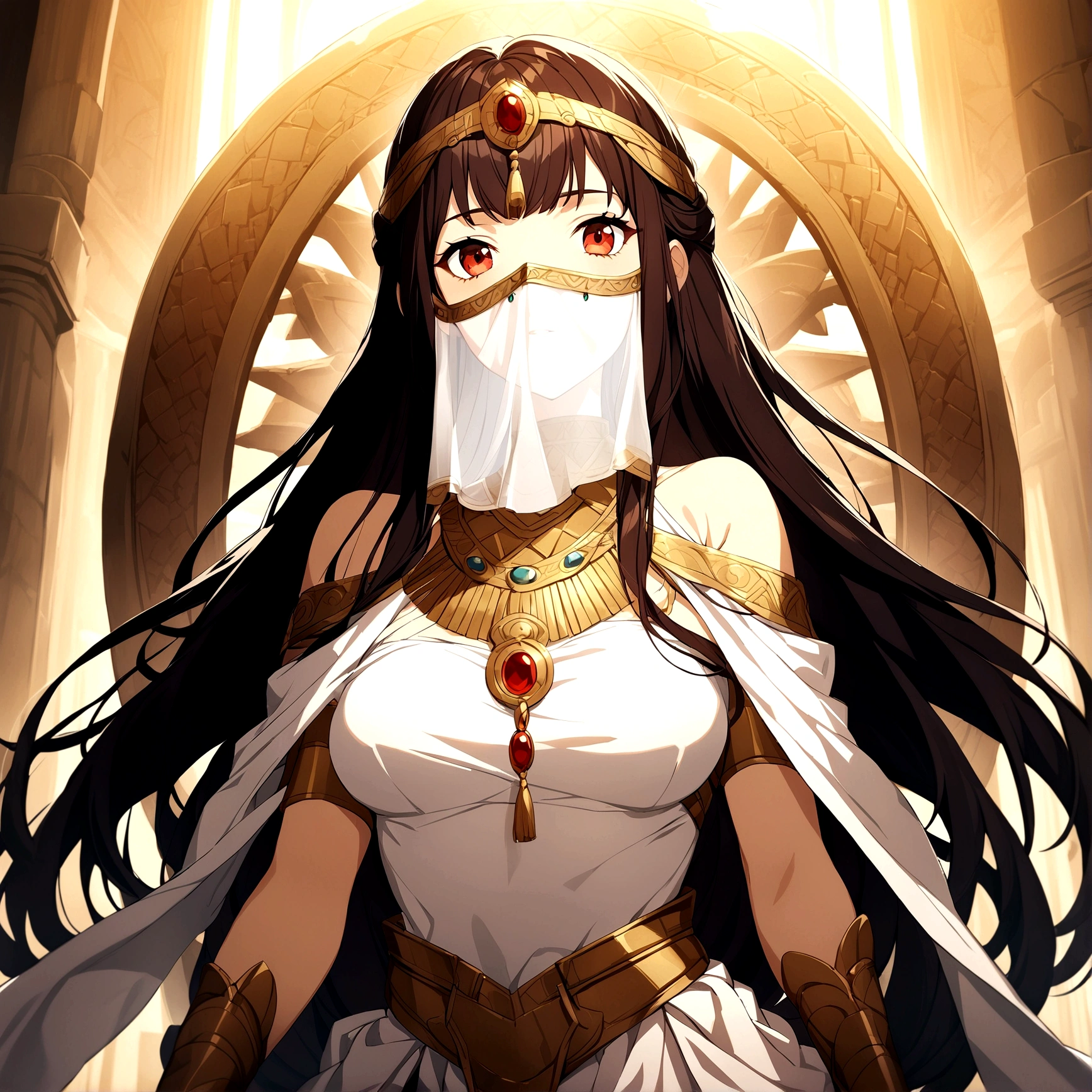 1girl, long hair, dark hair, ancient civilization clothes, white glove, mouth veil, throne background, game cg