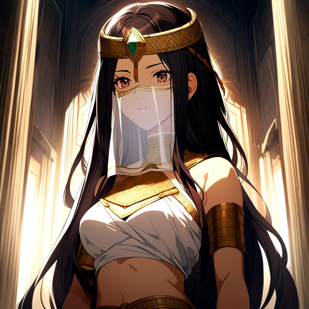 1girl, long hair, dark hair, ancient civilization clothes, white glove, mouth veil, throne background, game cg