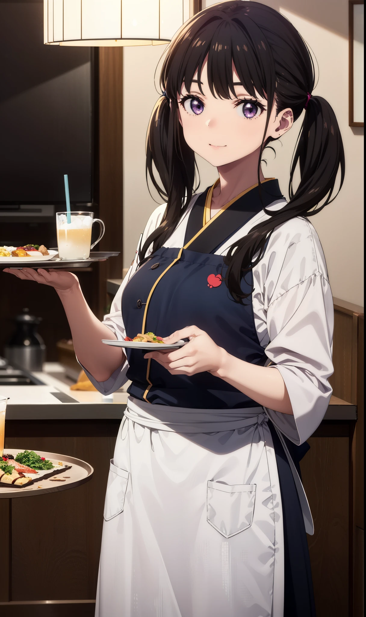 Takiuchikami, Long Hair, bangs, Twin tails, Black Hair, (Purple eyes:1.1),smile,
break japanese clothes, Blue Kimono, apron, waist apron, waitress,White tabi,whole body,food, drink, Table Cleaning, tray, tray in one hand
break indoors, hostel,
break looking at viewer, whole body,
break (masterpiece:1.2), Highest quality, High resolution, unity 8k wallpaper, (figure:0.8), (Beautiful attention to detail:1.6), Highly detailed face, Perfect lighting, Highly detailed CG, (Perfect hands, Perfect Anatomy),