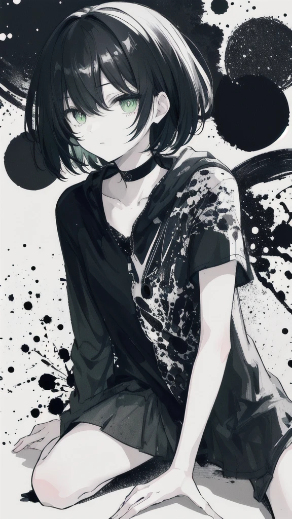 {{{{masterpiece}}}}, {{{Super detailed}}}, {{{High resolution}}}, {{Excellent anatomy}}, (((Highest quality))), ((Very delicate and beautiful)), {{Very detailed and delicate}}, {8k CG wallpaper}, {{figure}}, (Grayscale on a colored background:1.1), Ray Tracing, Bokeh, Black background, (Splattered ink:1.3), One girl, alone, Bouman, Symbol-shaped pupil, Urgent 1,((Ink Painting)),Black Hair,Short Hair,black and green, (Bokeh),