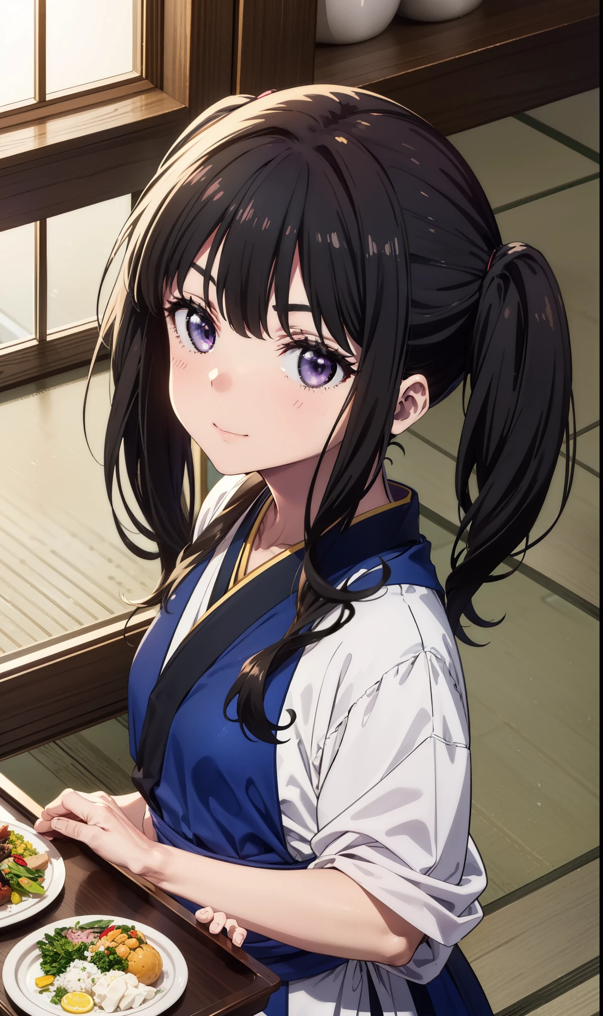 Takiuchikami, Long Hair, bangs, Twin tails, Black Hair, (Purple eyes:1.1),smile,
break japanese clothes, Blue Kimono, apron, waist apron, waitress,White tabi,whole body,food, drink, Table Cleaning, tray, tray in one hand
break indoors, hostel,
break looking at viewer, whole body,
break (masterpiece:1.2), Highest quality, High resolution, unity 8k wallpaper, (figure:0.8), (Beautiful attention to detail:1.6), Highly detailed face, Perfect lighting, Highly detailed CG, (Perfect hands, Perfect Anatomy),