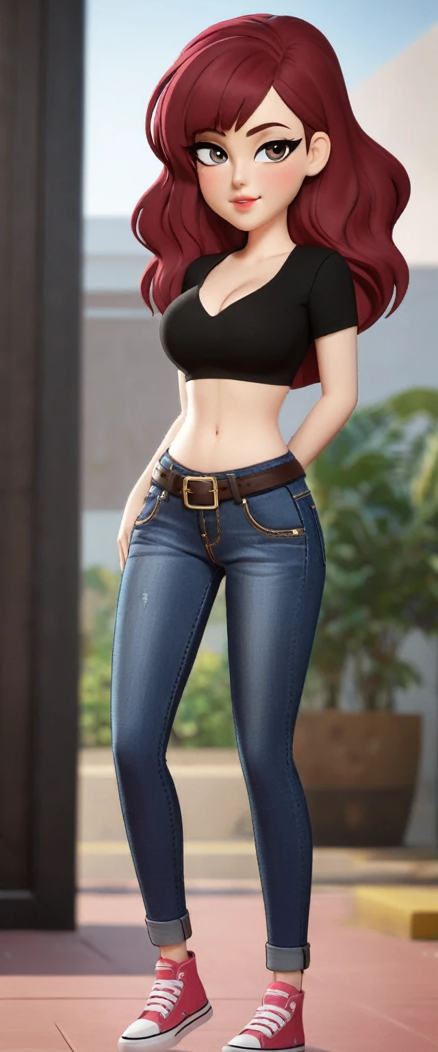 A sexy girl, beautiful action, big breast, dark red hair, cut her eye, pink eyelash, fire red, wears black top, short sleeves, shows navel, sexy curve, and a pair of denim pants, brown shoes.