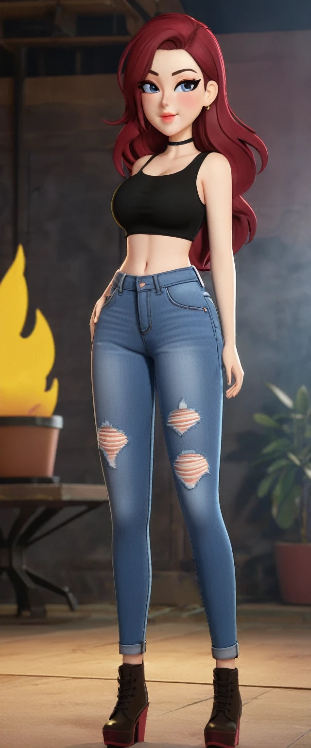 A sexy girl, beautiful action, big breast, dark red hair, cut her eye, pink eyelash, fire red, wears black top, short sleeves, shows navel, sexy curve, and a pair of denim pants, brown shoes.