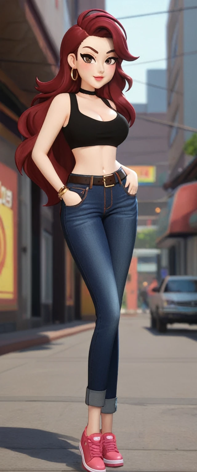 A sexy girl, beautiful action, big breast, dark red hair, cut her eye, pink eyelash, fire red, wears black top, short sleeves, shows navel, sexy curve, and a pair of denim pants, brown shoes.