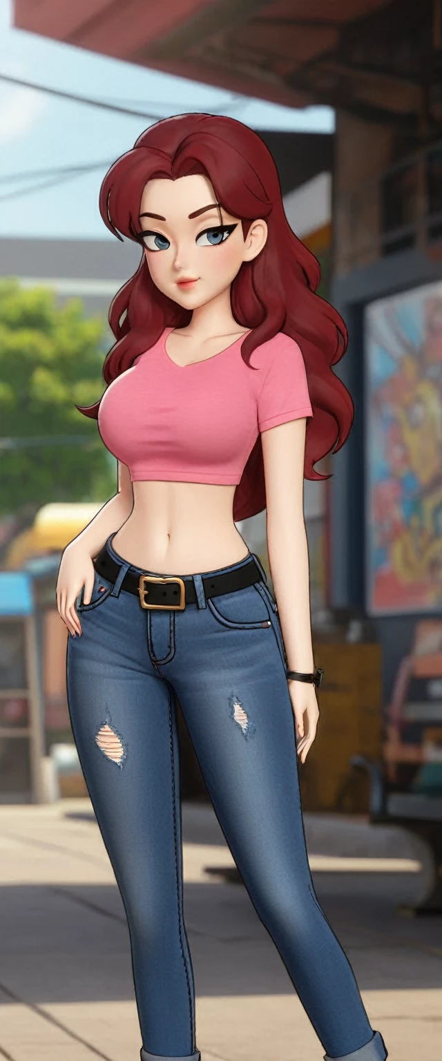 A sexy girl, beautiful action, big breast, dark red hair, cut her eye, pink eyelash, fire red, wears black top, short sleeves, shows navel, sexy curve, and a pair of denim pants, brown shoes.