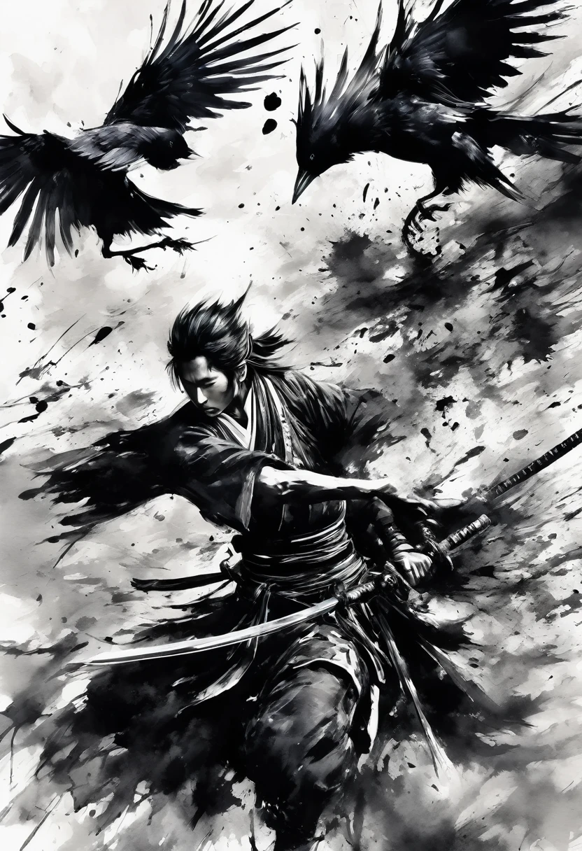 Ink painting,Ink Painting,Black and white painting,splash,Dynamic movement and powerful brushstrokes、(final fantasy seriesの),Several crows fly,Intense sword fighting scene,samurai armor,