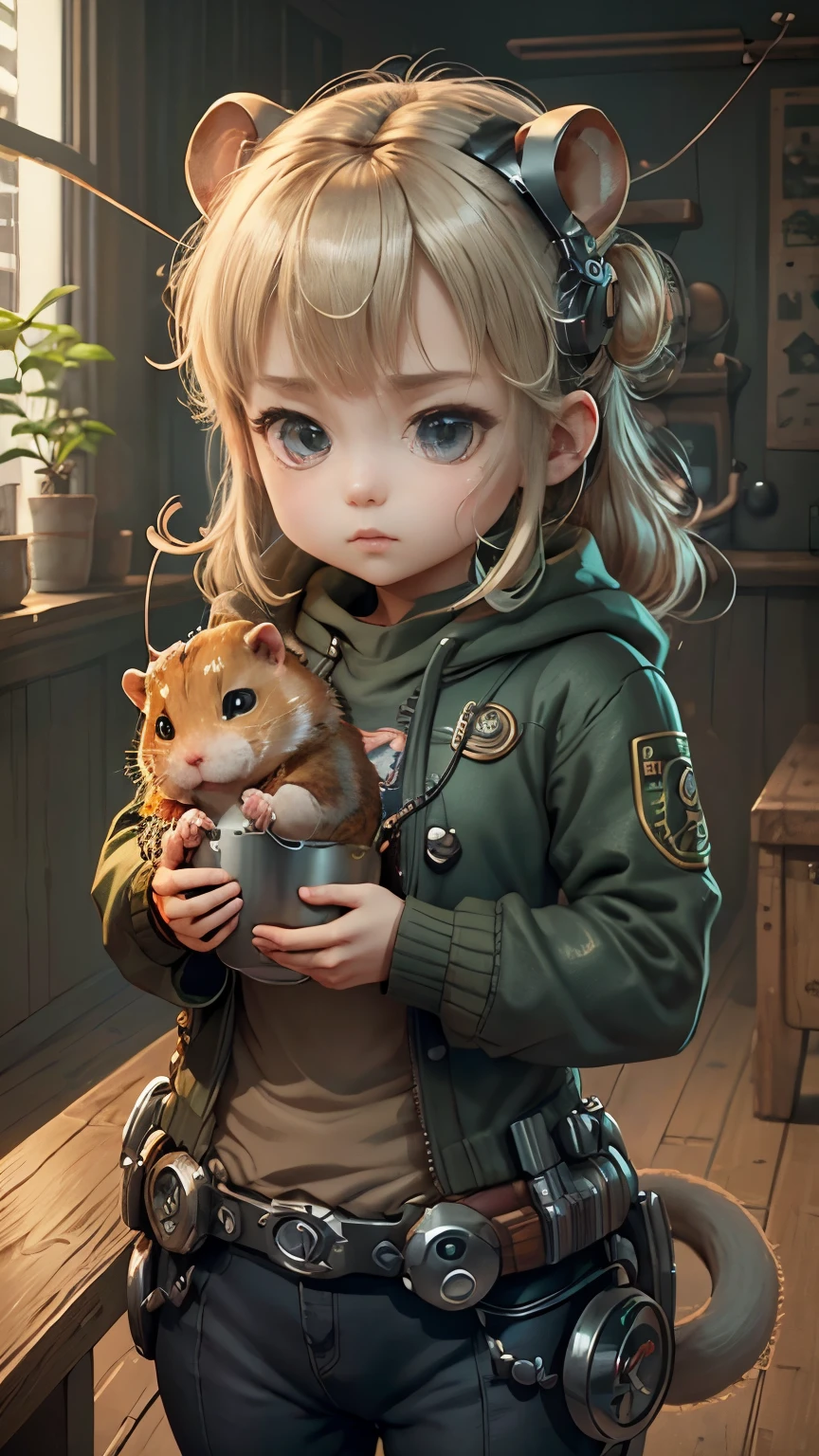Cute hamster、(cyborg:1.1)、([Tailed|Detail Wire]:1.3)、(Intricate details)、Hmph、(Hyper Detail:1.2)、Cinema Lenses、Halo Shadow、central、Ghibli style background
