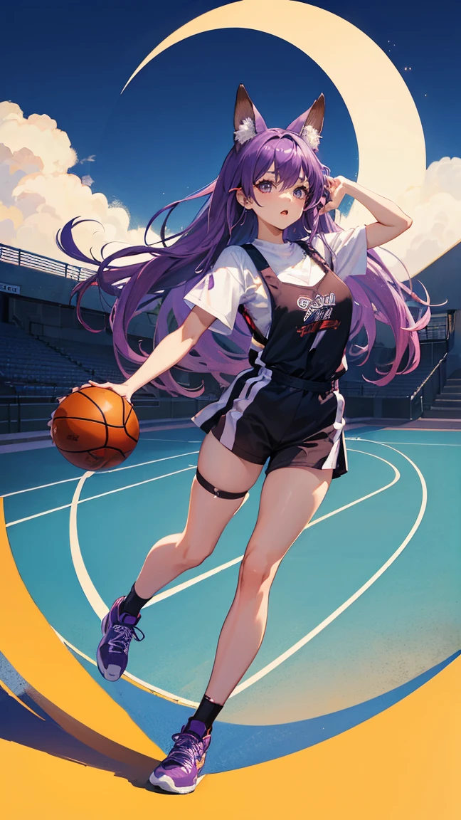 (Highest quality), (masterpiece), 1 Girl,Play basketball,Purple Hair,long hair,Fox Ears,Adult women,She is dribbling the ball,running,Outdoor Basketball Court, She is wearing a suspender top, Fair skin, sunny, Full body photo,(Bright Eyes), (Iris),Very detailed,(single), sweet, Open background,Simple Background
