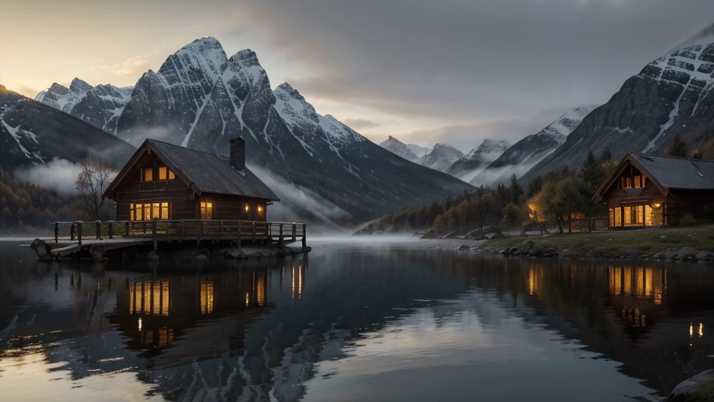 (best quality,highres,masterpiece:1.2),natural,serene,foggy,autumn in Norway,gorgeous,fjords,vibrant colors,mountain cottage,misty,fishing boat,dusk,peaceful,ethereal,moody,tranquil,sublime landscapes,reflection on water,isolated,remote,serene atmosphere,cozy,embrace of nature,majestic,mystical,fairytale-like,magical ambiance,warm glow from the cottage,welcoming,inviting,serenity of the mountains,harmony with nature,solitude,beautifully desolate,wonderfully atmospheric