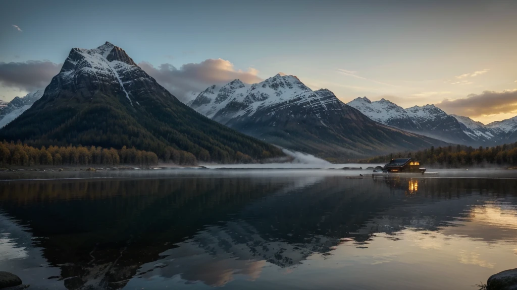 (best quality,highres,masterpiece:1.2),natural,serene,foggy,autumn in Norway,gorgeous,fjords,vibrant colors,mountain cottage,misty,fishing boat,dusk,peaceful,ethereal,moody,tranquil,sublime landscapes,reflection on water,isolated,remote,serene atmosphere,cozy,embrace of nature,majestic,mystical,fairytale-like,magical ambiance,warm glow from the cottage,welcoming,inviting,serenity of the mountains,harmony with nature,solitude,beautifully desolate,wonderfully atmospheric