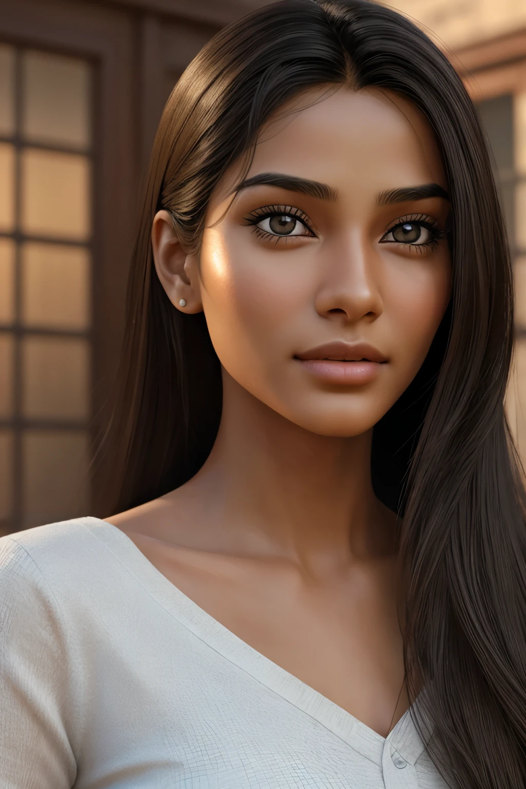 "Design a highly realistic girl model of a 20-year-old Indian individual. The model should have long, flowing hair that appears natural and well-maintained. Ensure the facial features reflect typical Indian characteristics with a warm, lifelike skin tone. The eyes must be black, expressive, and look real, with intricate details in the iris and reflections to enhance their lifelike quality. The model should have a friendly smile and an overall youthful appearance. Pay close attention to details such as skin texture, individual hair strands, and natural expressions to maximize realism. The final model should look convincingly real and be suitable for use in various applications such as virtual environments, avatars, or character designs."