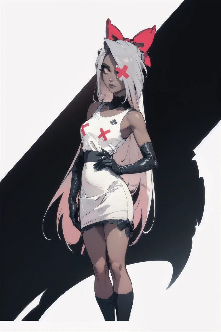 (Vaggie:1.0), (casual outfit, White dress, socks, gloves:1.5), (pastel pink sclera, black pupil, gray skin, by white, wide, hair bow:1.2), (White background:1.5), (realist:1.2), (Masterpiece:1.2), (Full body photo:1),(cowboy shot:1.2), neon lighting, dark romantic lighting, (Very detailed:1.2),(detailed face:1.2), (Gradients), showy, detailed eyes, (detailed landscape:1.2), (natural lighting:1.2), (Linda pose:1.2), (Alone, One Person, 1 girl:1.5), standing, 