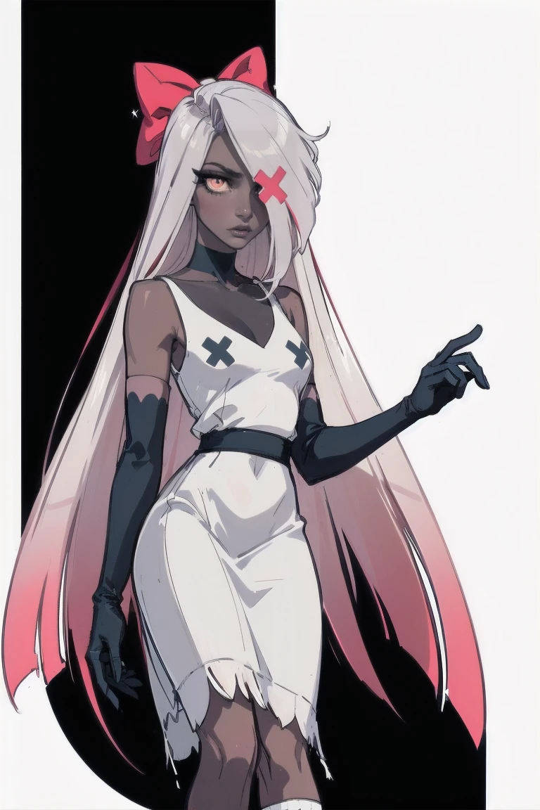 (Vaggie:1.0), (casual outfit, White dress, socks, gloves:1.5), (pastel pink sclera, black pupil, gray skin, by white, wide, hair bow:1.2), (White background:1.5), (realist:1.2), (Masterpiece:1.2), (Full body photo:1),(cowboy shot:1.2), neon lighting, dark romantic lighting, (Very detailed:1.2),(detailed face:1.2), (Gradients), showy, detailed eyes, (detailed landscape:1.2), (natural lighting:1.2), (Linda pose:1.2), (Alone, One Person, 1 girl:1.5), standing,