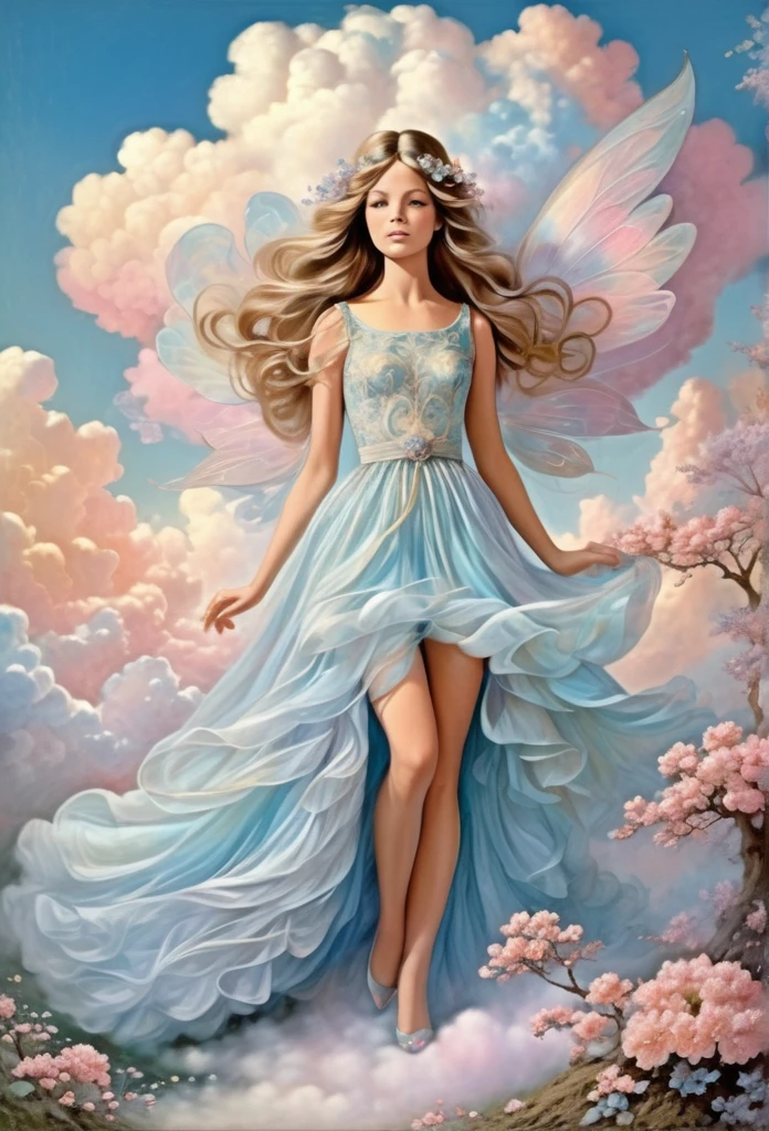 She, opalescent silk, soft pastels, dreamy clouds, flowing dress, fairy-tale allure, whimsical charm, , pastel-hued skies.,highly intricate1968, 60s, black letters, hyper detailed, photorealistic,,