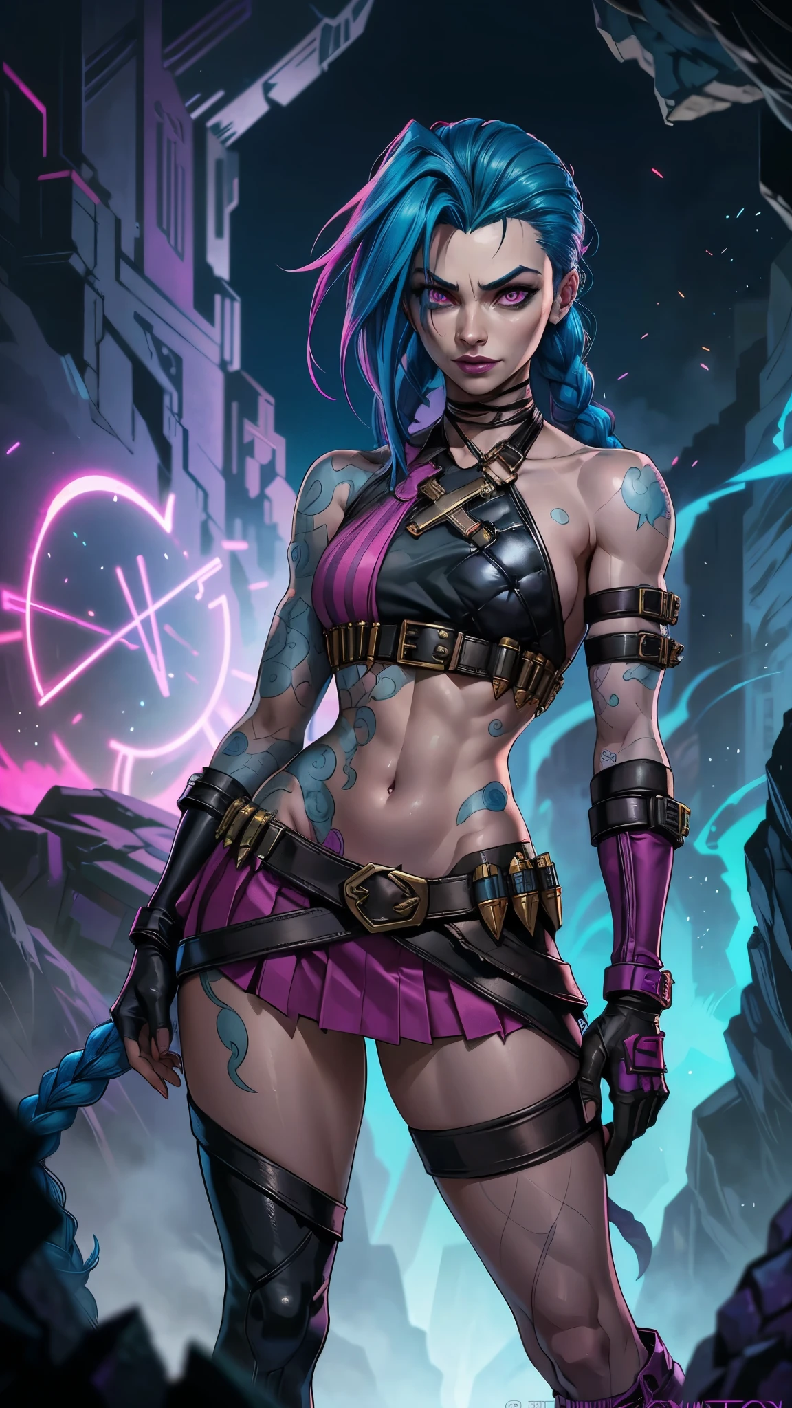 jinx arcane, uma mulher com hair blue e tatuagens, cyberpunk woman anime woman,(mini skirt pink :1.4) ,hyper detailed,extremely detailed,High contrast,Masterpiece,realist,ultra detailed, intricate details,realistic wet leather,extremely intricate,Epic realist, pants, Beautiful angry cyberpunk goddess, cyberpunk artstyle, cyberpunk anime digital art, cyberpunk anime art, Arcane Jinx Retrato, cyberpunk anime art, cyberpunk themed art, cyberpunk dark fantasy, arcane style, 1 girl, cloud tattoo on the arm, asymmetrical bangs, bangss, hair blue, blue braids, brown shirt, cloud tattoo, sideways, hair blue, long hair, pink eyes, Red lips, standing , cloud tattoo, Twin braids. Arcane Jinx. Jinx in a burning place, spark, spheres of light, Film Poster, Jinx, Arcane\(league of legends\, Epic Fantasy Art Style HD, 4K fantasy art, epic fantasy digital art style, epic fantasy art style, Fantasy Woman, epic fantasy art portrait, Epic fantasy style, hyperrealistic fantasy art, hd fantasy art, Epic fantasy character art, epic fantasy art, in style of dark fantasy art, epic fantasy digital art, ,(Fondo de ruinas de mazmorra en ruinas:1.4 ),( face detailed :1.4), (anatomía perfecta :1.4),( iluminación cinematográfica :1.4), (Jinx League of legends:1.4), More detailed 8K.motor irreal:1.4,UHD,La mejor calidad:1.4, fotorrealista:1.4, textura de la piel:1.4, obra maestra:1.8,obra-prima, mejor calidad,objeto Objeto], (detailed face features:1.3),(Las proporciones correctas),(Ojos hermosos azules),  (pose vaquero), (fondo piedras grandes cueva caverna :1.4) 