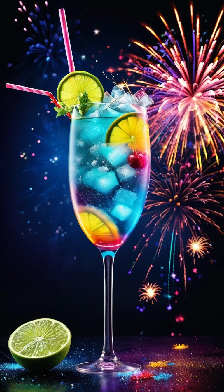 conceptual installation pop art, best quality, RAW photo, photorealistic, 2.5D, delicate and dynamic depiction, colorful and delicious cocktail drinks, colorful fireworks in the night sky, advertising promotional photos, beautiful layouts, special effects