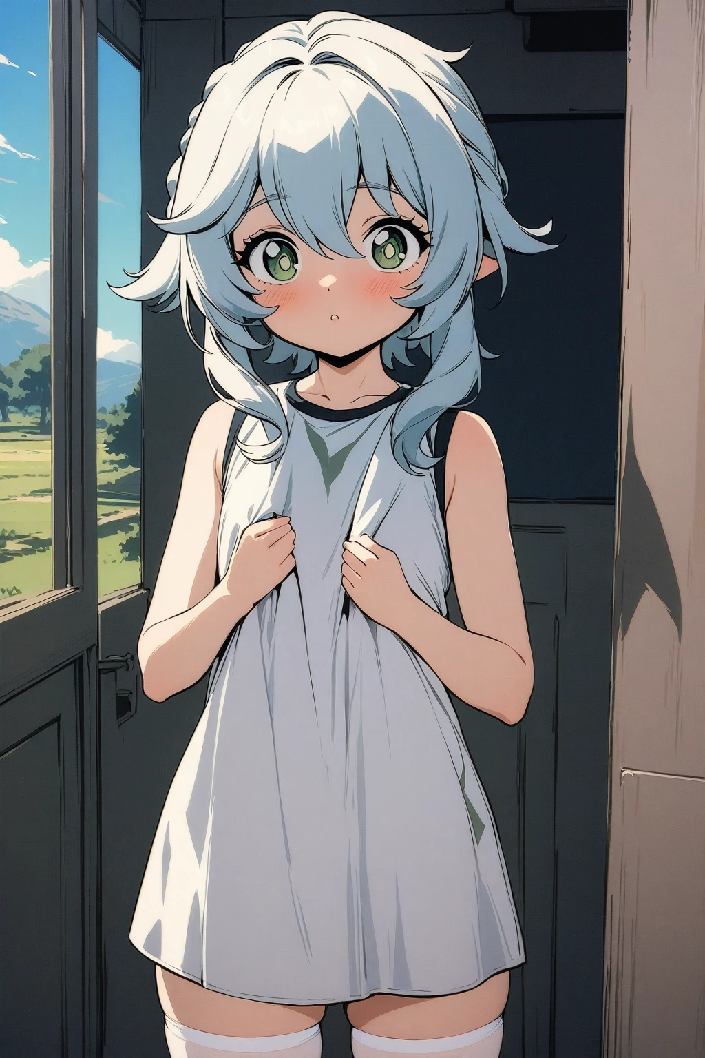 masterpiece, best quality,1 Girl,Nashida \(Genshin Impact\),,Front Miniskirt,Shooting Shirt,sleeveless, bow,White stockings,Stand in front of the school, Retro art style,