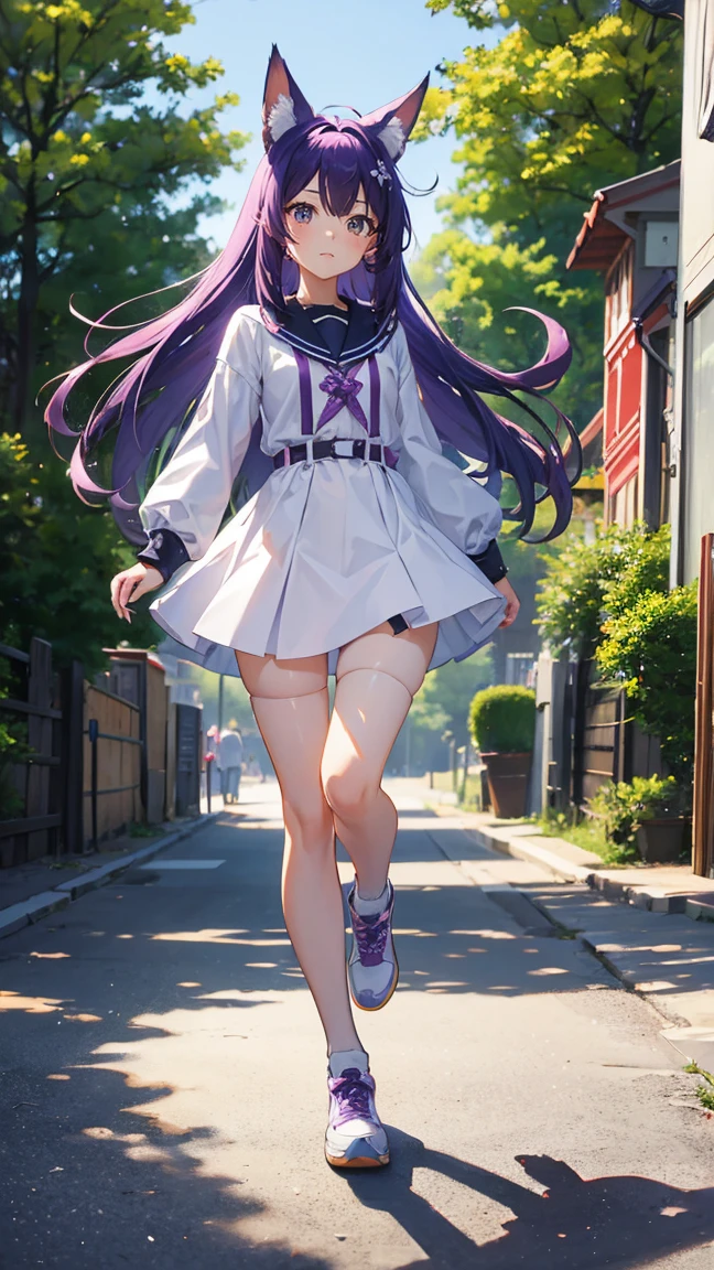 (Highest quality), (masterpiece), 1 Girl,Purple Hair,long hair,Fox Ears,Adult women,彼女はrunningしながらジャンプしている,Jumping,running,Outdoor, Fair skin, sunny, Full body photo,(Bright Eyes), (Iris),Very detailed,(single), sweet, Open background,Simple Background