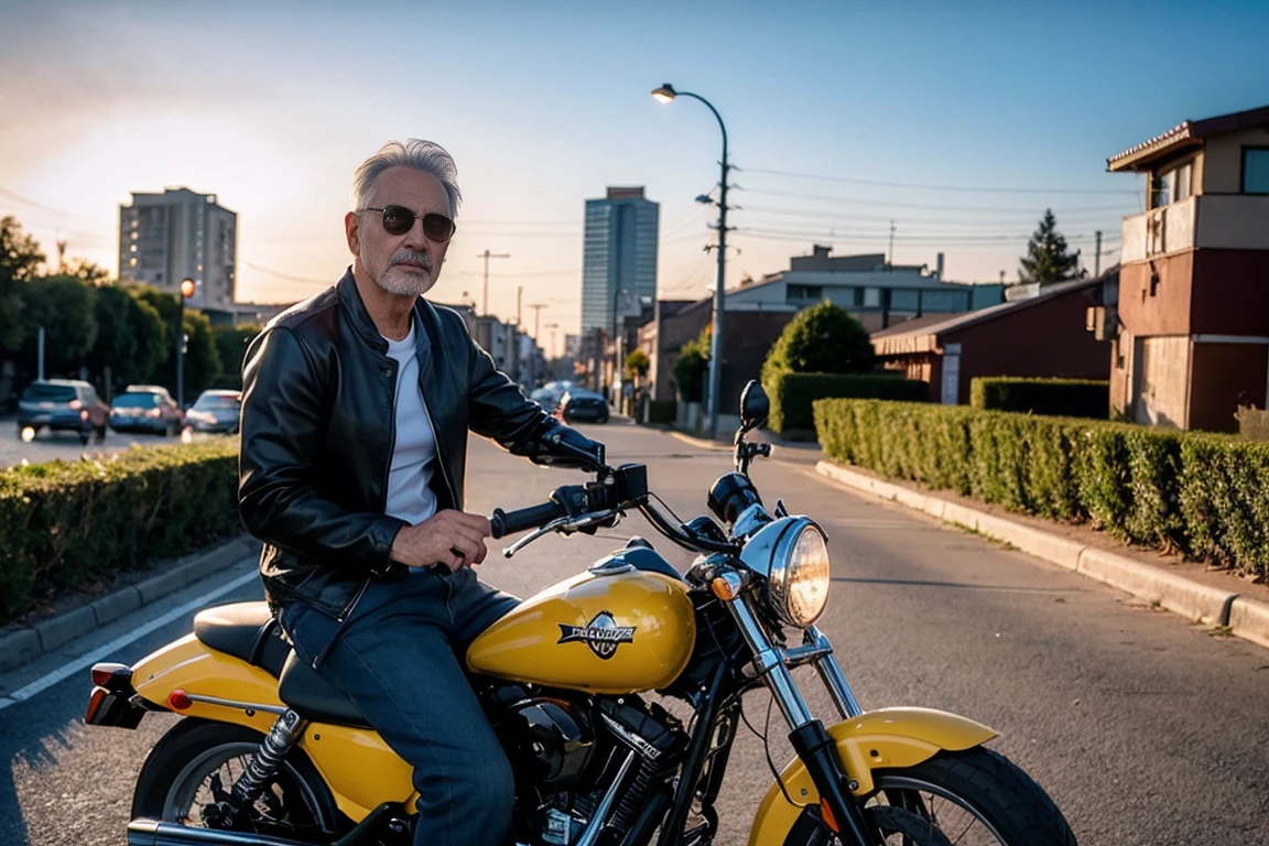 ((de la máxima calidad、8k、Obra maestra:1.3))、Capture the essence of a mature and attractive 50-year-old man, dressed in casual sportswear, stylishly posing next to his gleaming Harley Davidson motorcycle against the backdrop of a vibrant urban sunset. The scene unfolds on a busy street, where the warm glow of the setting sun bathes the surrounding buildings and creates a warm and inviting atmosphere