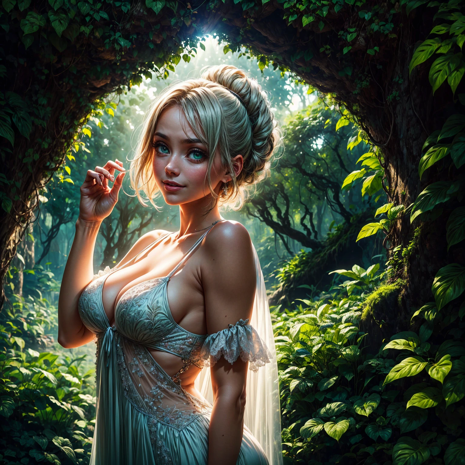 Tia is shown to have a fairly slender figure. She has white-grey hair , she has short hair and large pale green eyes, The girl stands among the trees of the rainforest, wearing a delicate veil that falls elegantly over her shoulders. Surrounded by large, lush foliage with bright, rich green colours, rays of light peek through the gaps in the leaves, creating an enchanting scene full of life and activity. The girl's face is illuminated by the bright light of nature, and her charming eyes appear full of energy and calm at the same time. You may see a slight smile reflecting her happiness and peace within this picturesque natural environment. This image reflects the beauty of nature, the strength of the spirit, and a deep connection with the surrounding environment., cleavage exposed, medium breasts, superior quality, many details, Puri focus Sharp and realistic