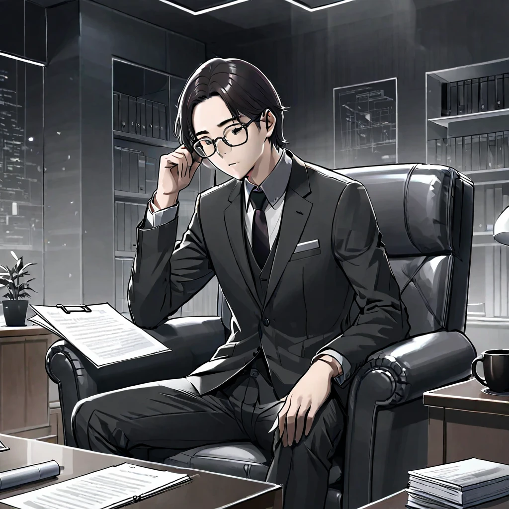 A man wearing glasses，Wearing a gray and black suit，Company executives，Sitting on the sofa in the office，There are documents and a computer on the table in front of me.。Line drawing style，Suspenseful dark style。