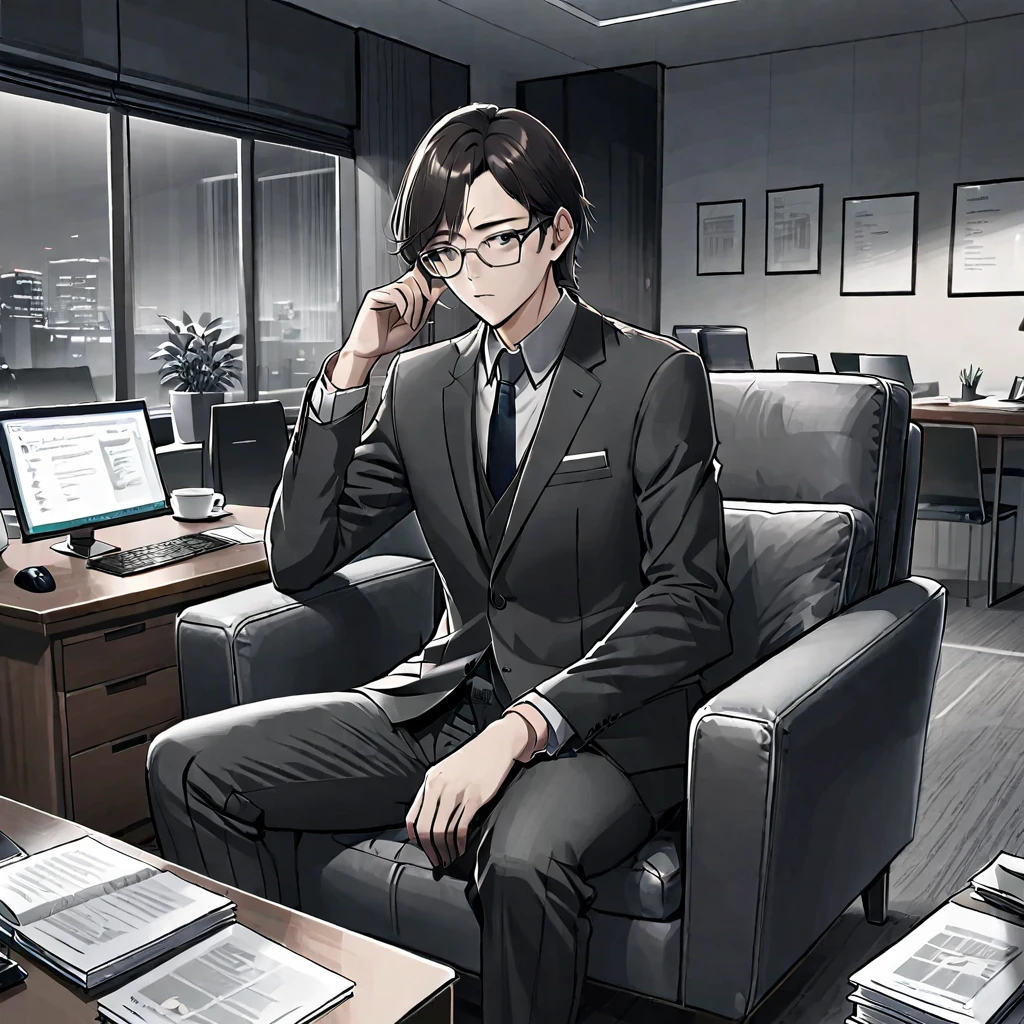 A man wearing glasses，Wearing a gray and black suit，Company executives，Sitting on the sofa in the office，There are documents and a computer on the table in front of me.。Line drawing style，Suspenseful dark style。