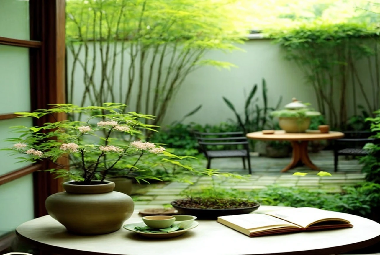 A serene indoor scene with a traditional Japanese garden in the background。On the central wooden round table、Green plants and flowers in ceramic pots are displayed.、An open book and a cup are placed on it。There is a wooden chair next to the table.、Behind the sliding glass doors is a beautiful garden filled with lush bamboo.。The overall scene exudes tranquility and natural beauty.。