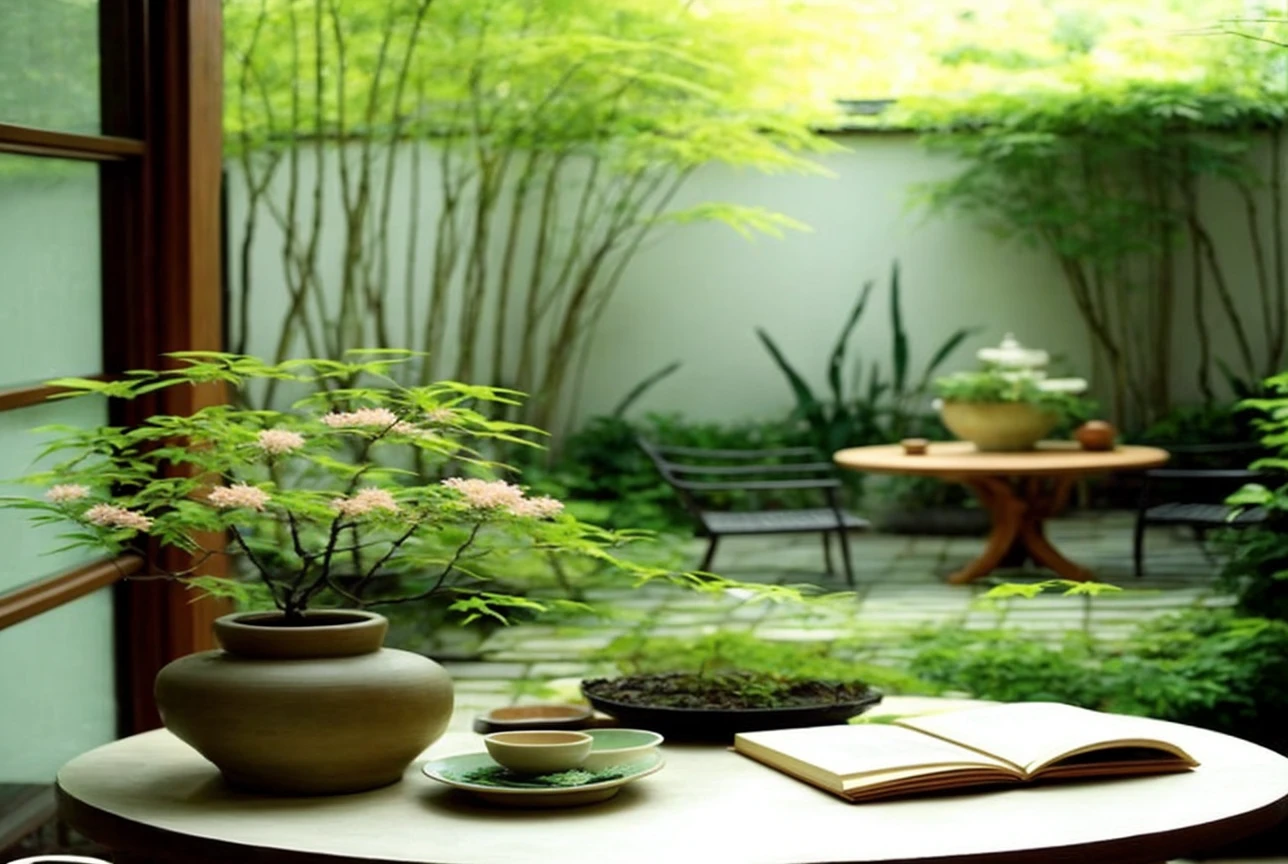 A serene indoor scene with a traditional Japanese garden in the background。On the central wooden round table、Green plants and flowers in ceramic pots are displayed.、An open book and a cup are placed on it。There is a wooden chair next to the table.、Behind the sliding glass doors is a beautiful garden filled with lush bamboo.。The overall scene exudes tranquility and natural beauty.。