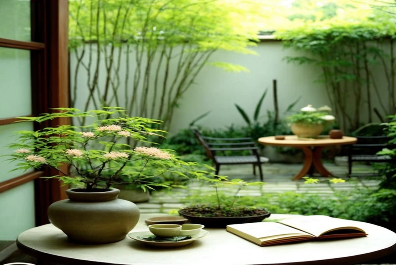A serene indoor scene with a traditional Japanese garden in the background。On the central wooden round table、Green plants and flowers in ceramic pots are displayed.、An open book and a cup are placed on it。There is a wooden chair next to the table.、Behind the sliding glass doors is a beautiful garden filled with lush bamboo.。The overall scene exudes tranquility and natural beauty.。