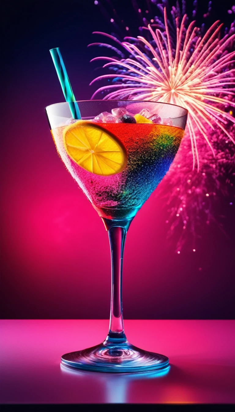 conceptual installation pop art, best quality, RAW photo, photorealistic, 2.5D, delicate and dynamic depiction, colorful and delicious cocktail drinks, colorful fireworks in the night sky, advertising promotional photos, beautiful layouts, special effects