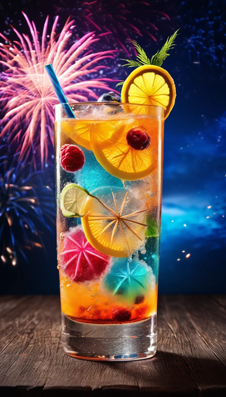 best quality, RAW photo, photorealistic, 2.5D, delicate and dynamic depiction, colorful and delicious cocktail drinks, colorful fireworks in the night sky, advertising promotional photos, beautiful layouts, special effects