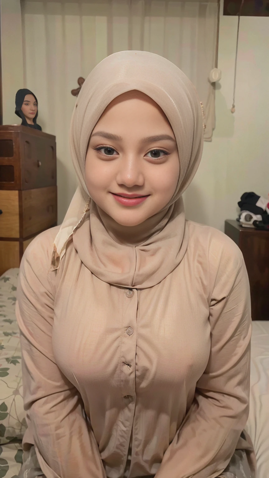 Selfie taken, See full body, luxury details, 8k, natural, realistic, amazing shots, ULTRA HD,
1 girl, 18 years old, smooth white face, white skin, smailing, neat white teeth, big breasts, wearing a long white hijab covering the body, with decorations on the hijab, Muslim clothes for worship, beautiful face, beautiful black face, cute, curly eyelashes, beautiful eyes , sweet smile, sitting on the bed, Indonesian Muslim, realistic, atmosphere in the room,