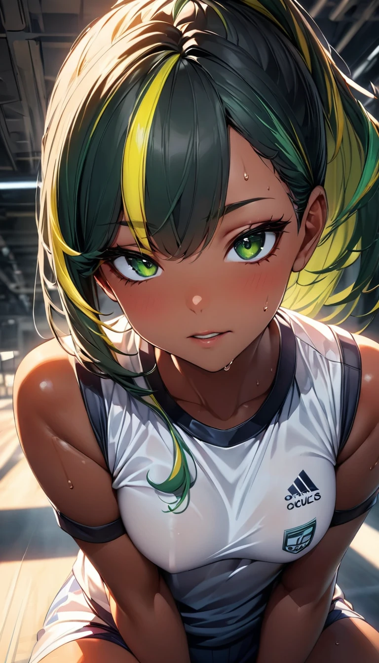 (highest quality:1.2, Very detailed, up to date, Vibrant, Ultra-high resolution, High Contrast, masterpiece:1.2, highest quality, Best aesthetics), Portraiture、girl、Bright colors、Beautiful fine details、Beautiful lip detail、long hair、ponytail, white and yellow green ((streaked hair:1.6)), highlights hair: 1.5, (small breast,:1) (tan skin:1.1), 、Exercising at the gym wearing training wear, sweaty skin