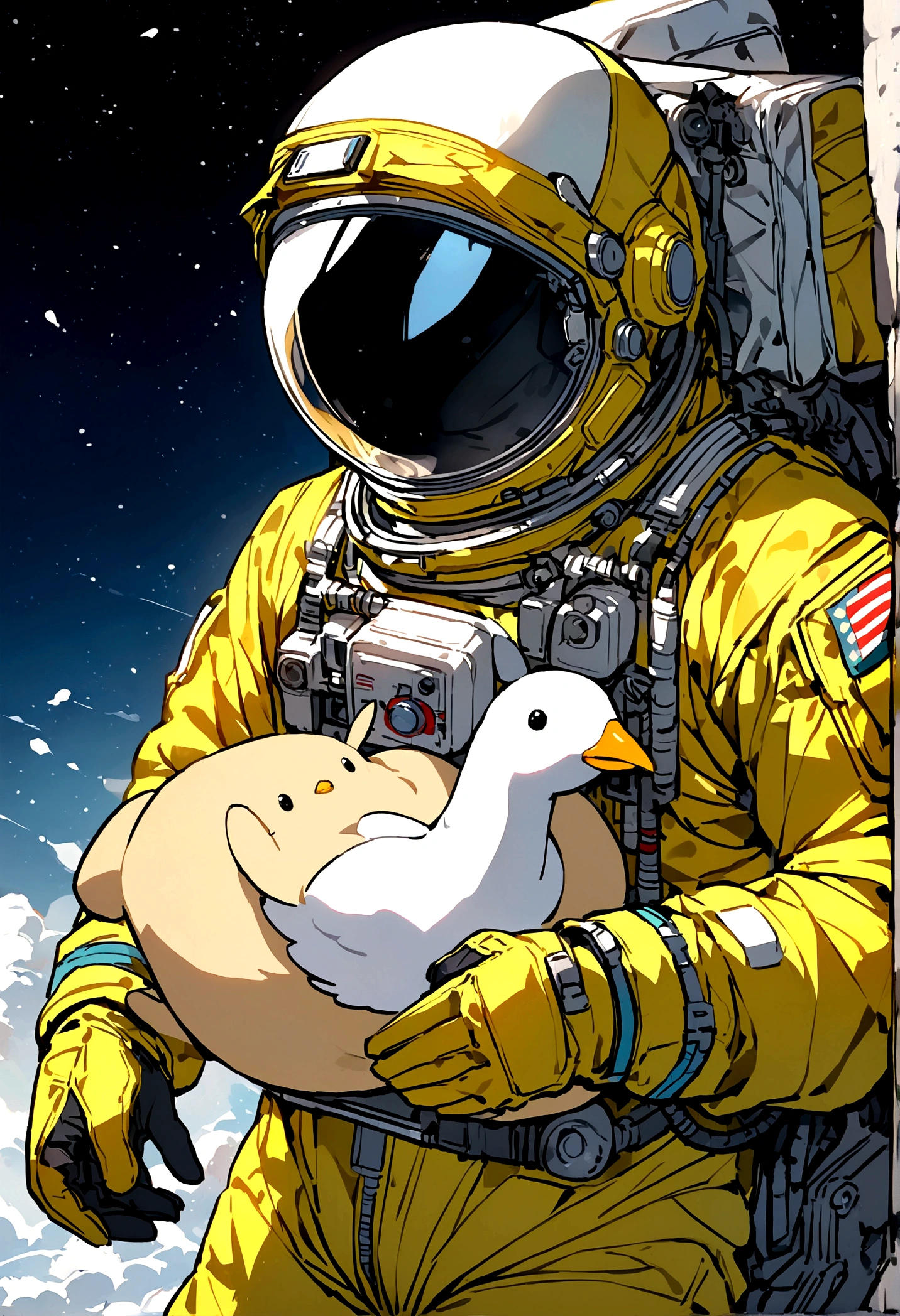 Astronaut with a yellow suit and black cap also with a pet goose