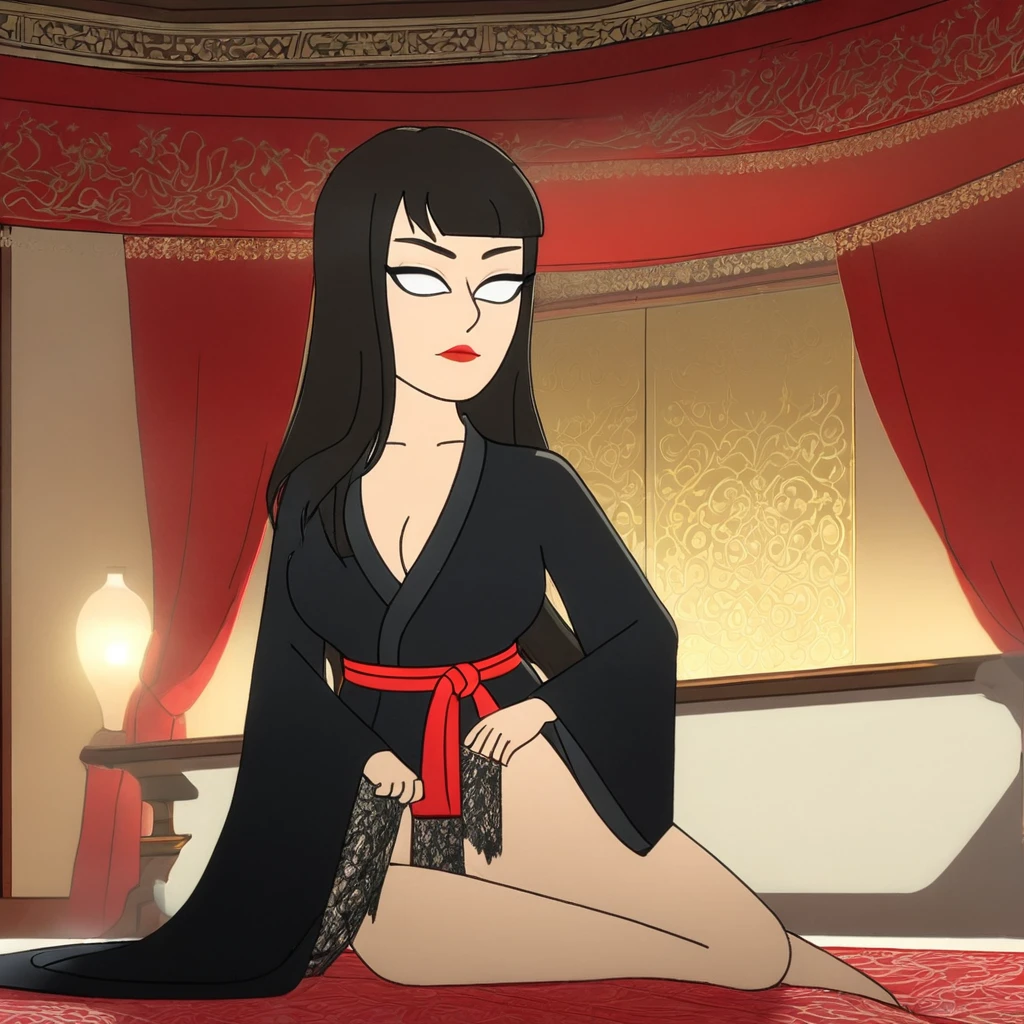 A sexy ninja lies on a bed and teases the viewer, (best quality,4k,highres,masterpiece:1.2), ultra-detailed, (realistic:1.37), seductive glance, seductive pose, captivating eyes, alluring and sensual facial features, enchanting expression, revealing a hint of a smile, (dark and mysterious lighting:1.1), soft and subtle shadows, (hypnotic atmosphere), Intense focus on the ninja's face, highly detailed and intricately styled hair, (flowing locks), (exquisite makeup), (sultry red lips), (slender figure), (shapely silhouette), (alluring curves), (sculpted body), seductively clad in a (lacey black silk robe:1.1), the robe accentuates her toned physique and (barely covers her private parts:1.1), (intricate embroidery and delicate lace patterns), (silky texture), elegance and sensuality in motion, (ninja mask), (weapon lying on the bed:0.9), (opulent bedroom), (luxurious decor), (sumptuous velvet curtains), (ornate furniture), (gilded details and accents), (intricate carvings), (soft ambient lighting), (intimate and inviting atmosphere), (mood lighting), (romantic aura), (subtle color tones:0.9), (rich and warm color palette), (subdued lighting), (hint of red hues), (seductive backdrop), (enticing bedroom scene), (flawless attention to detail), (captivating and immersive scene), (visual masterpiece).